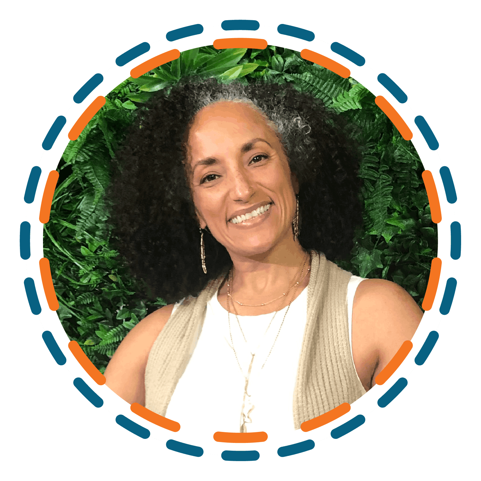 Headshot of Day 1 Keynote Speaker, Maria Milagros Vazquez, smiling, in front of greenery
